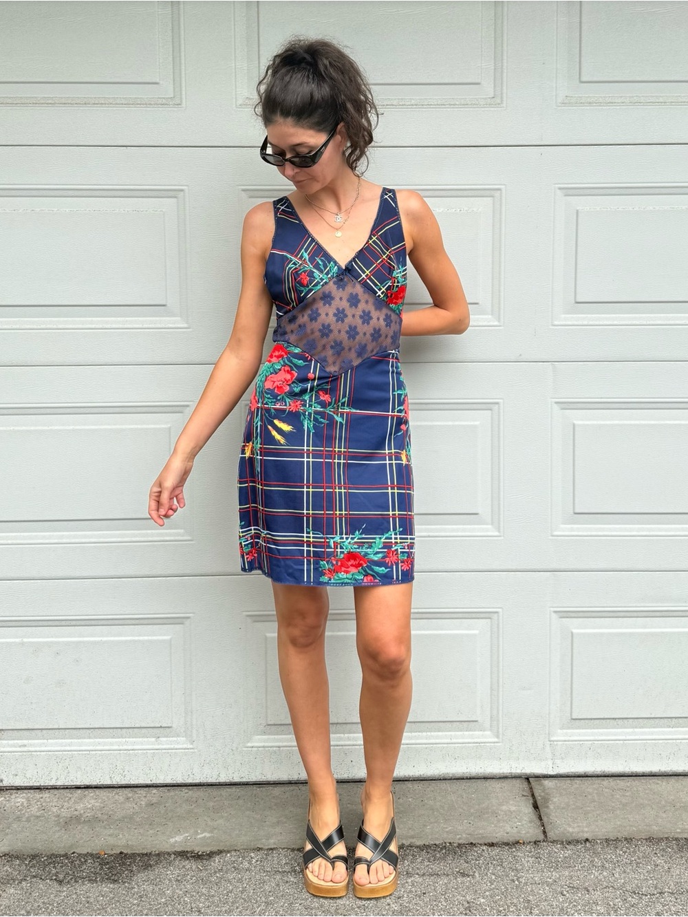 Vintage Navy Plaid Floral V-Neck Slip Dress Peek A Boo Lace Insert M/L 36” Bust